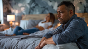 Man in bedroom with woman, affected by gluten sensitivity