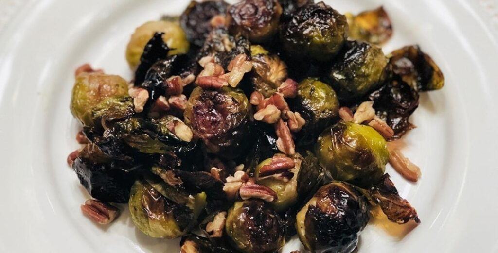 Maple Roasted Brussels Sprouts with Toasted Pecans