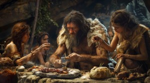 rendering of paleolithic family eating paleo diet food © Root Cause Medical Clinic